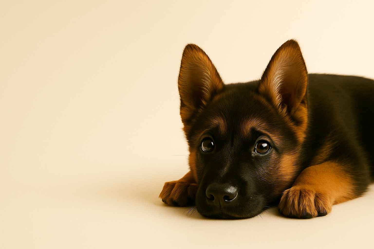 German Shepherd puppy lying down with soulful eyes on a soft cream background